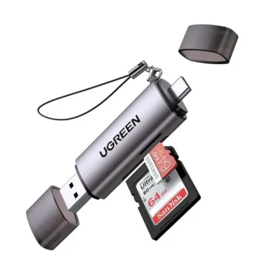 Buy the UGREEN CM185 USB-C & USB-A Card Reader in Bangladesh. Enjoy fast 5Gbps transfers, dual SD/TF card slots, OTG support, and a durable silver/black design!